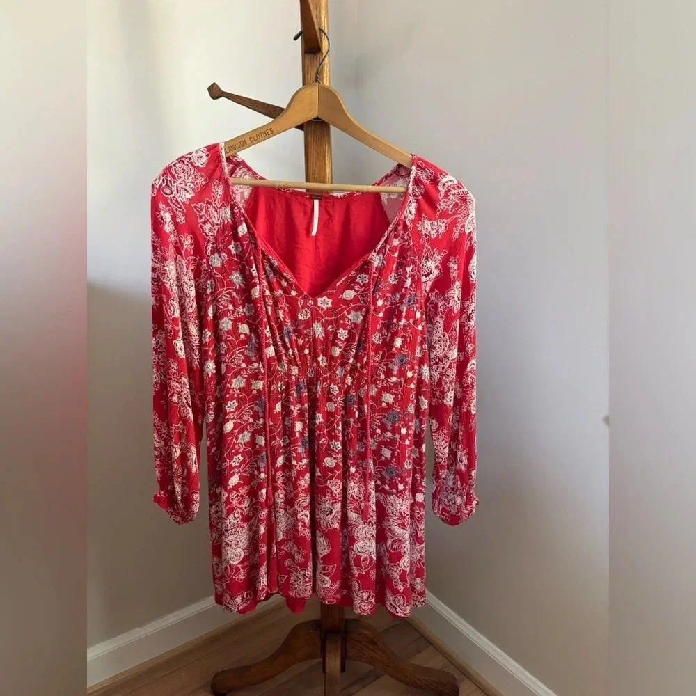 Free People Small Red Long Sleeve Boho Tunic Dress with V Neck